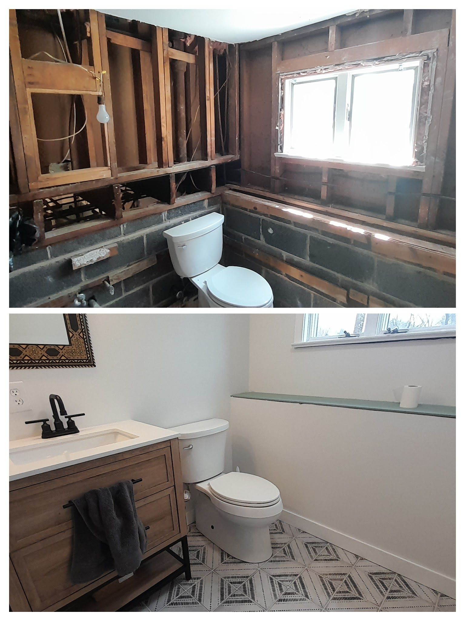 A before and after photo of a bathroom with a toilet and sink.