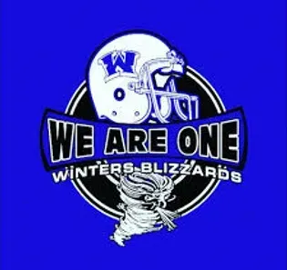 The logo for the winters blizzards football team shows a football helmet and a tornado.