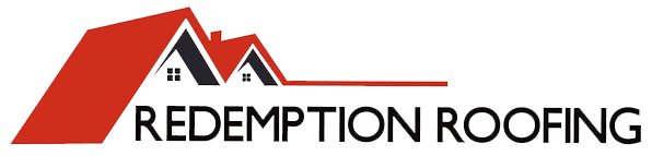 Logo of Redemption Roofing, featuring a red roofline graphic over black text.