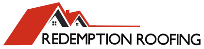 Logo of Redemption Roofing: Red and black roof shapes with black text.
