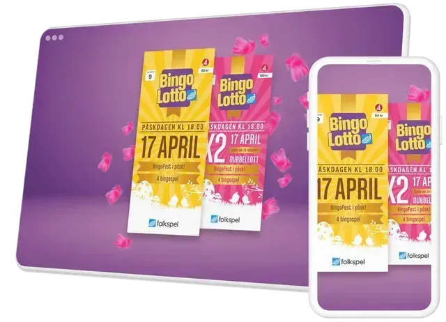 Digital reklamgrafik som visar två BingoLotto-biljetter för den 17 april visade på en bärbar dator och mobiltelefonskärm.