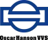 Logotyp för Oscar Hanson VVS: en blå abstrakt symbol som liknar ett rör eller en balk, med företagsnamnet i svart.