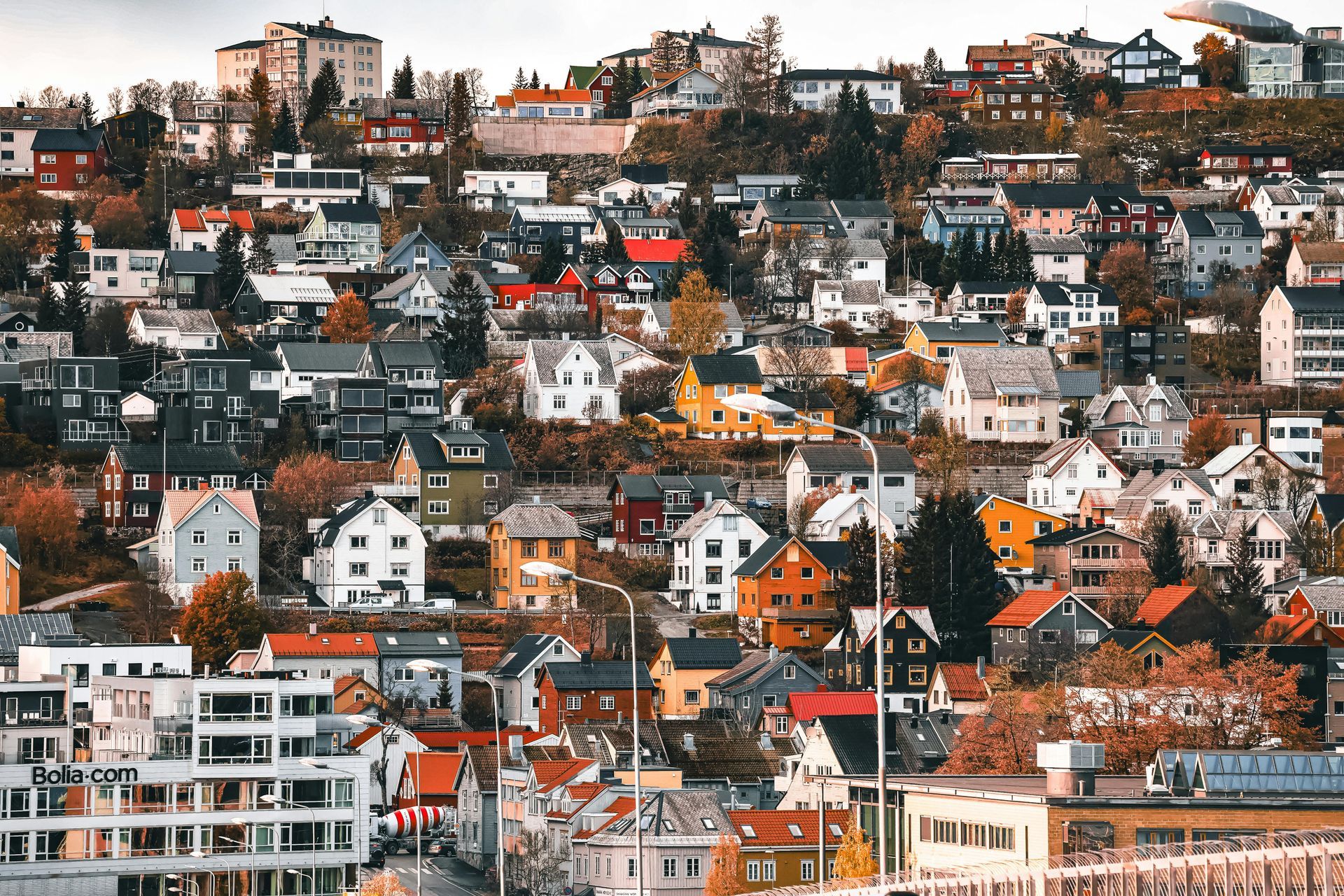 Regnbuebuer over et frodig grønt fjellandskap. En våt vei slynger seg gjennom trær og en gresskledd eng.