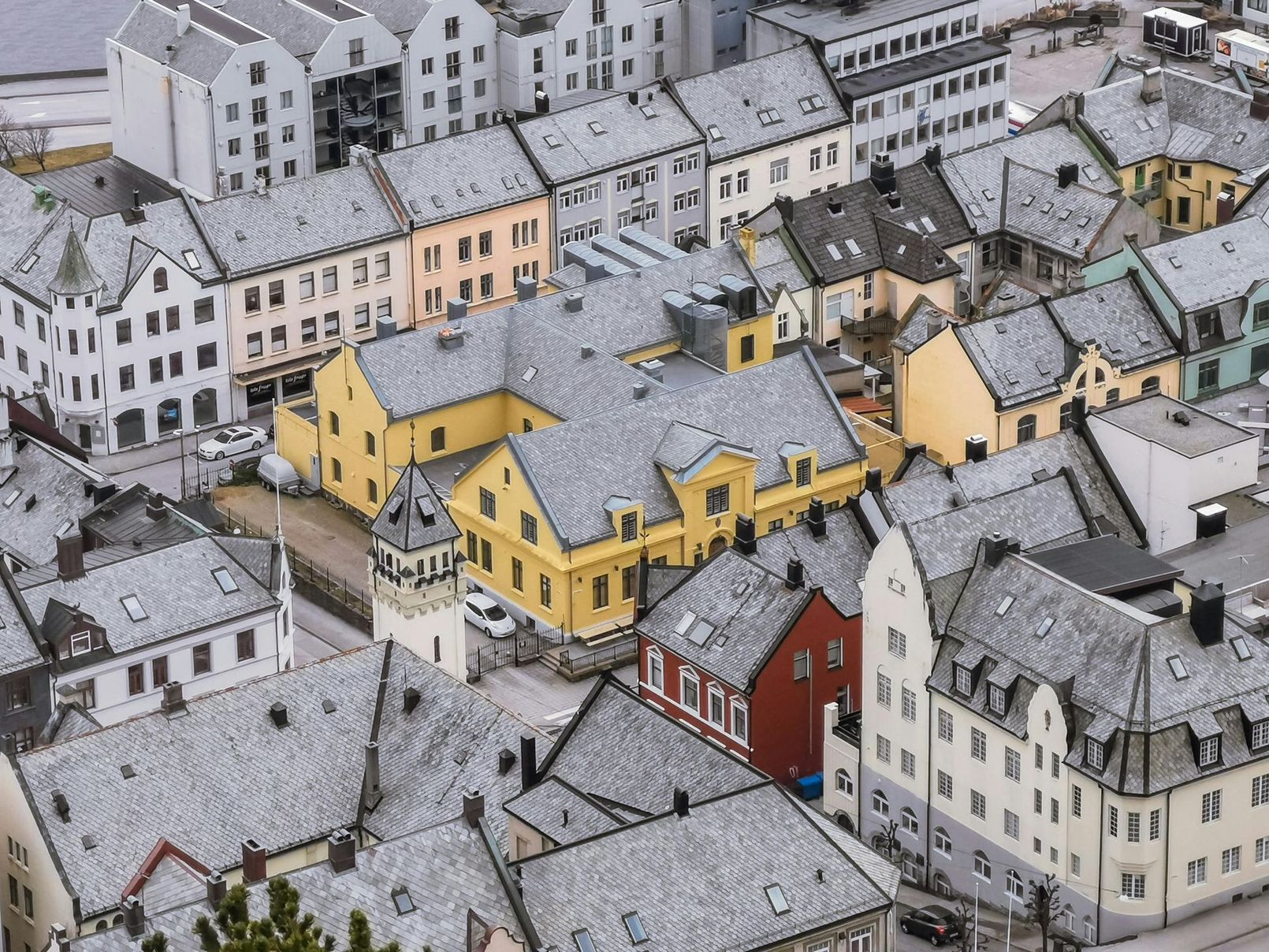 Regnbuebuer over et frodig grønt fjellandskap. En våt vei slynger seg gjennom trær og en gresskledd eng.