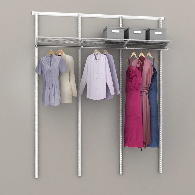 Closet organizer with clothes hanging on rods, storage boxes on a shelf— Ezyshelf in Manunda, QLD 