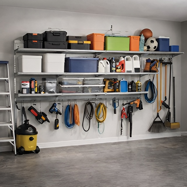 Garage storage shelving unit with boxes, tools, and equipment.— Ezyshelf in Manunda, QLD 