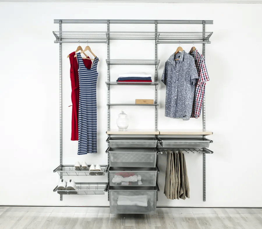 A closet organization system with hanging rods, shelves, and wire drawers, displaying clothes.— Ezyshelf in Manunda, QLD 