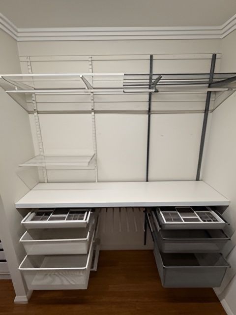 White desk with drawers and shelving in a closet; gray and white. — Ezyshelf in Manunda, QLD 