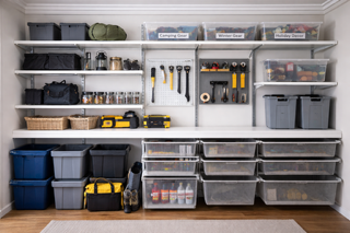 Organized garage storage system with shelves, bins, and tools in various sizes and colors. — Ezyshelf in Manunda, QLD 