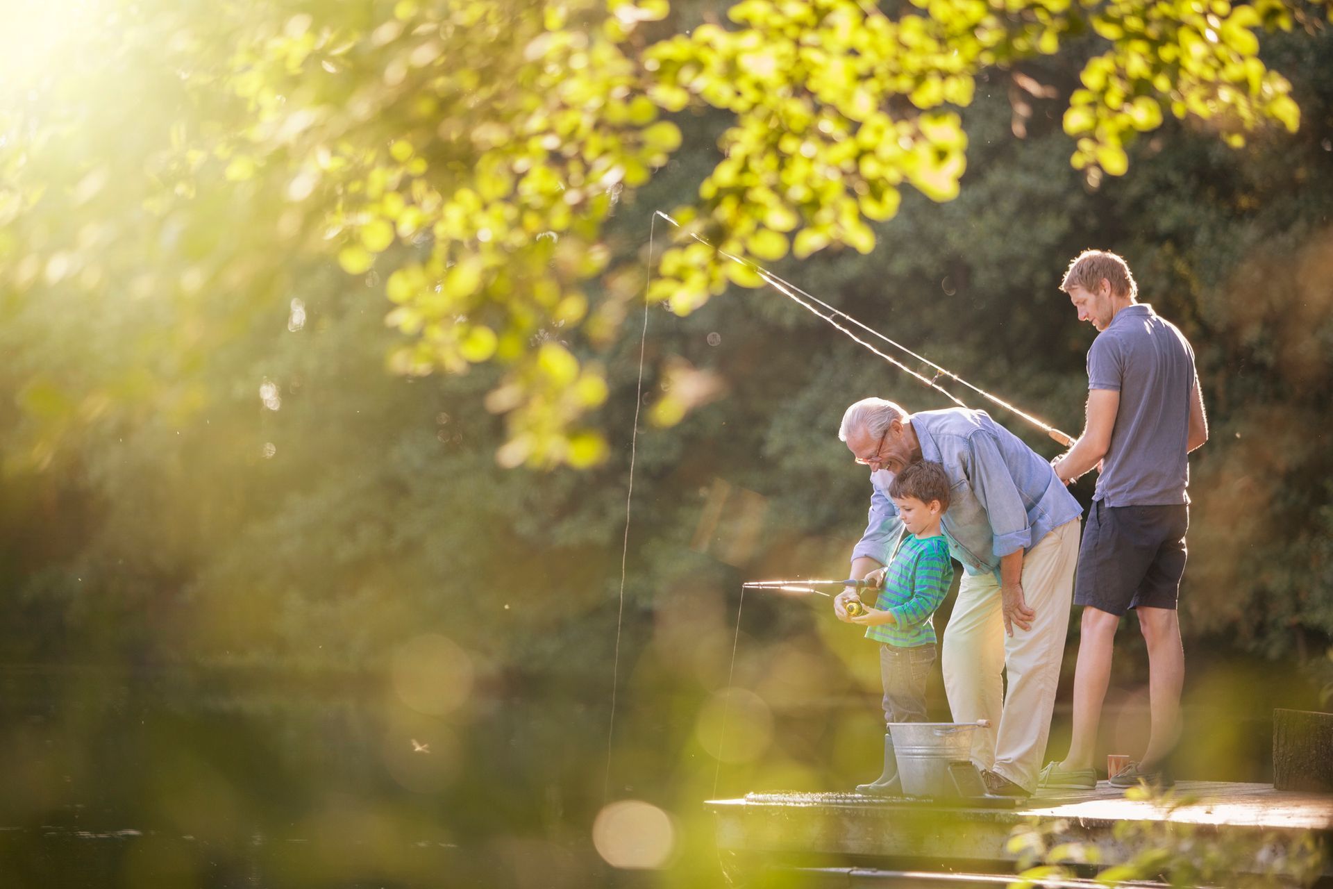 A family is fishing together on a lake.