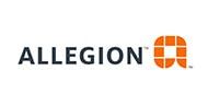 Allegion logo: black text "ALLEGiON" beside an orange geometric "a".