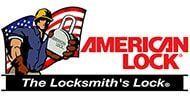 Logo: Locksmith holding a lock in front of an American flag. "American Lock" in red.