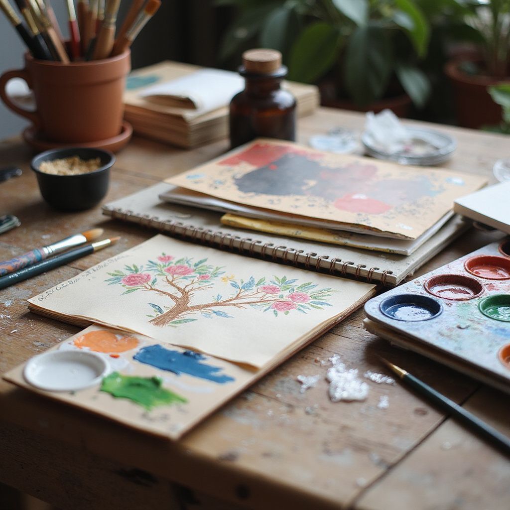 People painting at a long table in a bright room with artwork and plants.