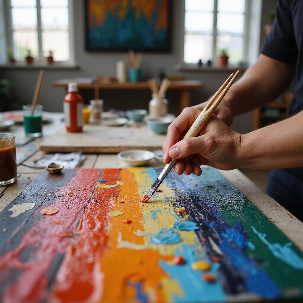 Artist painting a rainbow-colored artwork on a wooden surface, surrounded by art supplies.