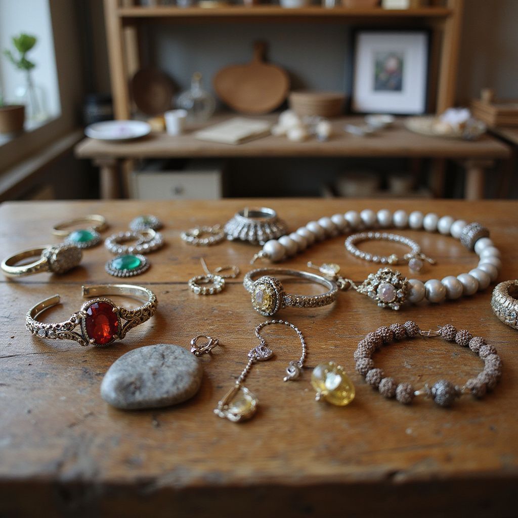Jewelry assortment on a wooden table, including rings, necklaces, and bracelets. Natural light from a window.