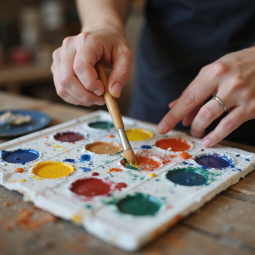 Person using a paintbrush to mix colors in a watercolor palette on a wooden table.