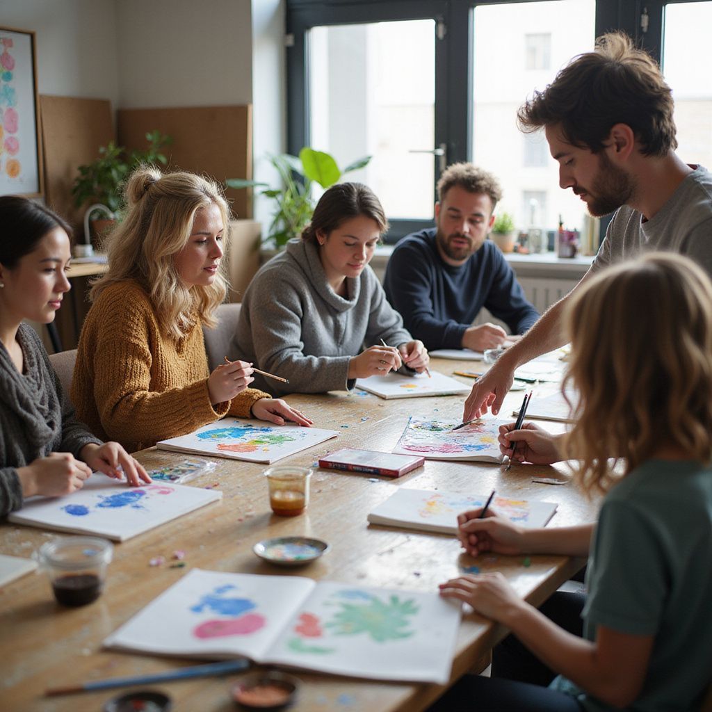 People in an art class are painting colorful abstract designs. A teacher is assisting students at a table.