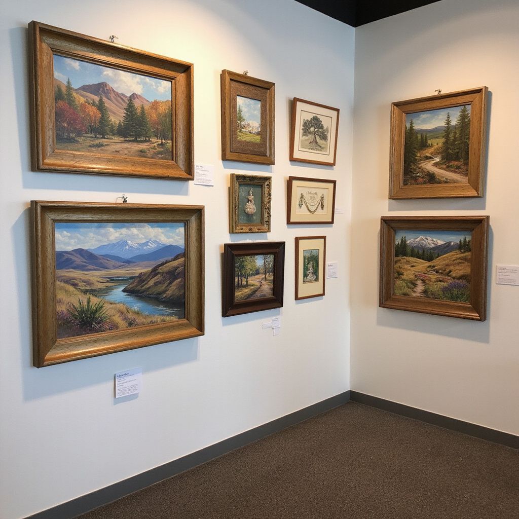 Artwork in gilded frames hanging on a white corner wall in a gallery space.