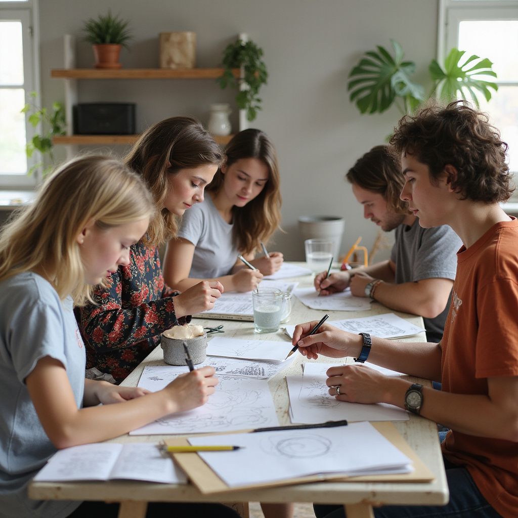 Five people drawing at a table, sunny room with plants.