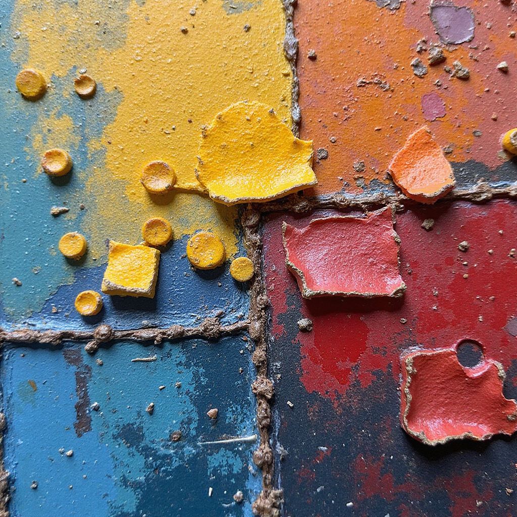 Abstract colorful square painting, with chipped texture and rough edges.