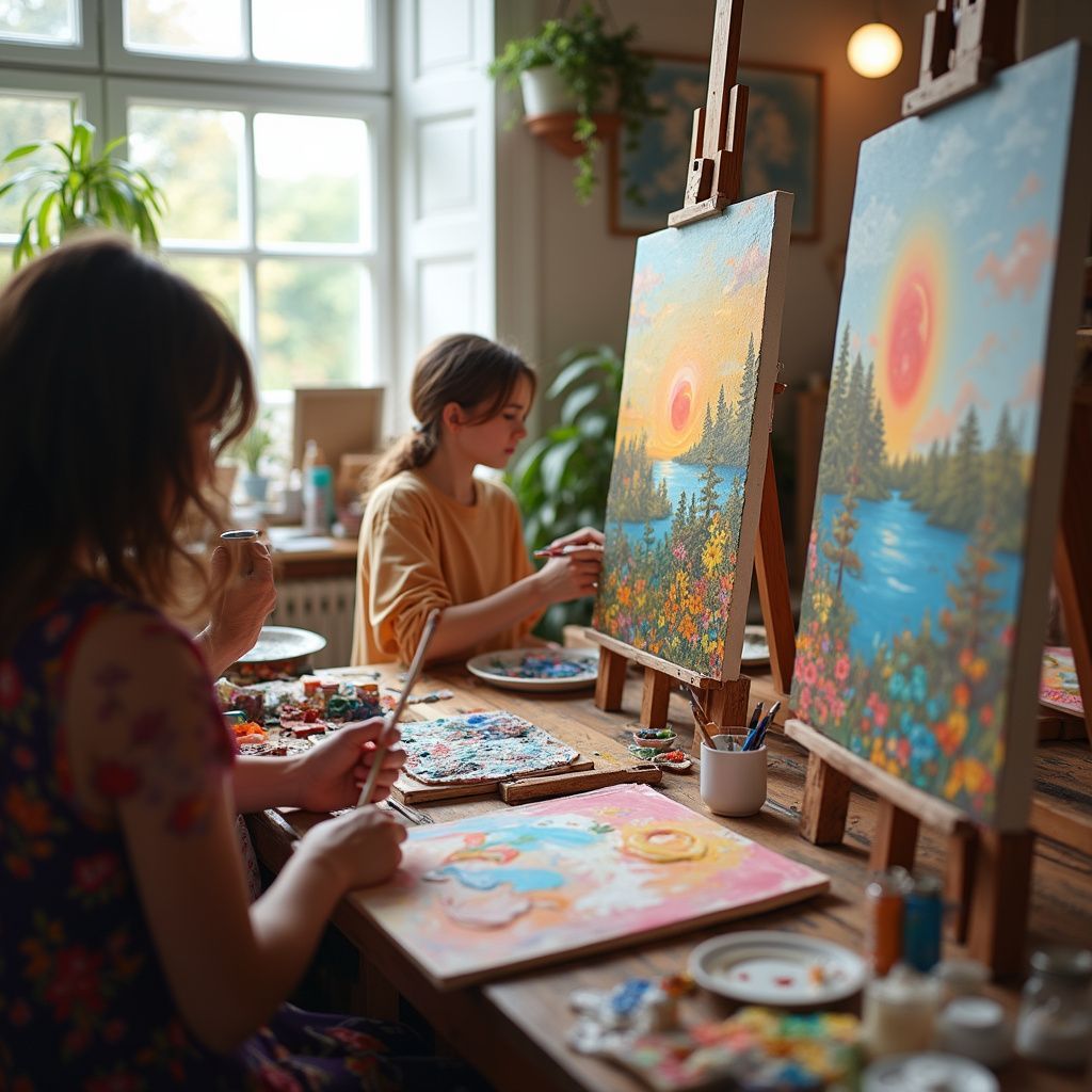 People painting in an art studio, featuring three easel paintings and large windows.