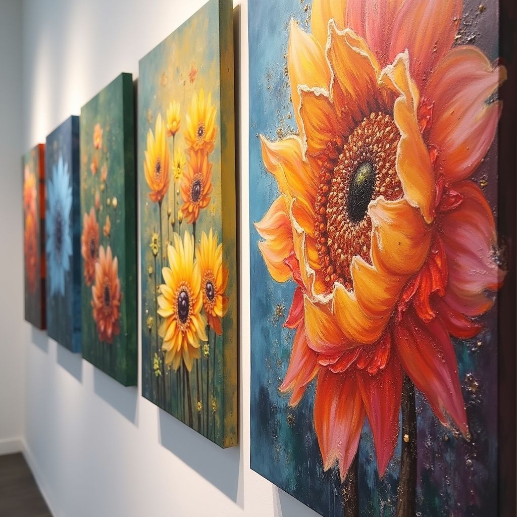 Paintings of colorful sunflowers on a white wall in an art gallery.