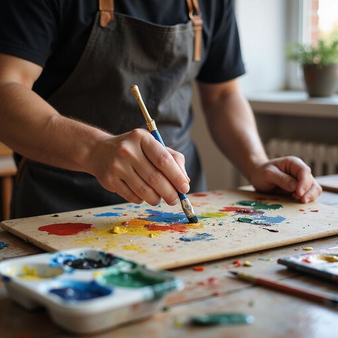 Artist painting with a brush on a wooden palette, with spilled paint in a studio setting.