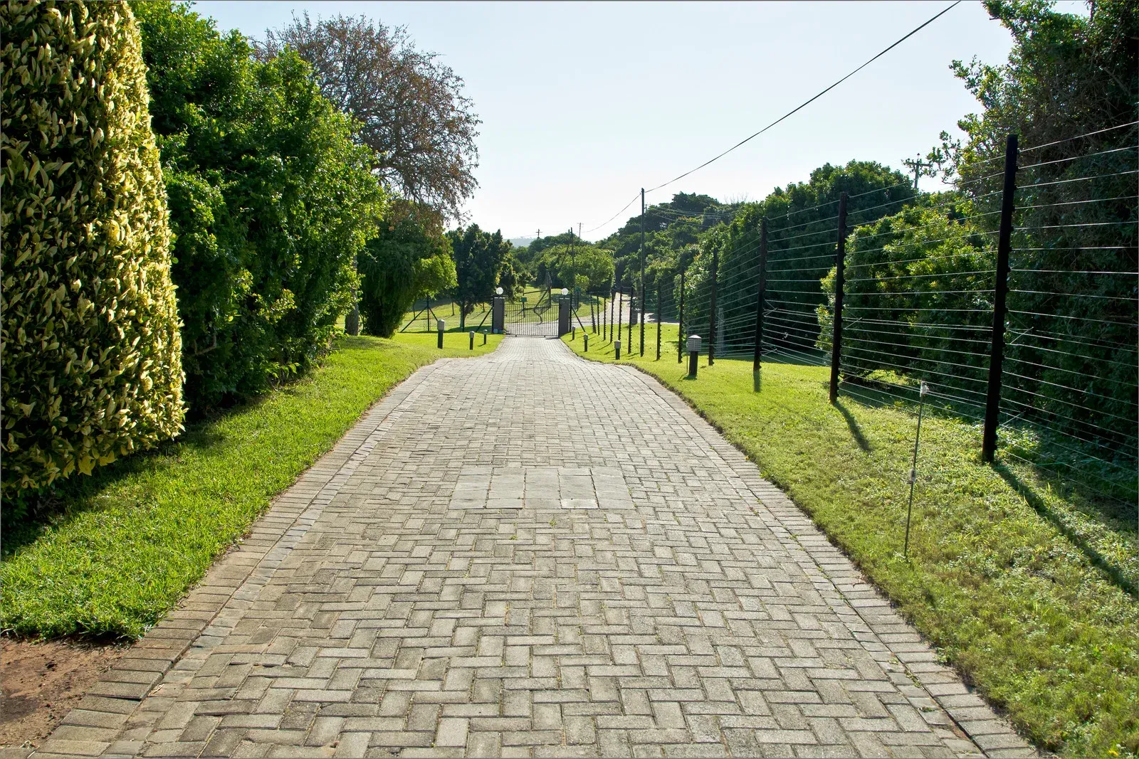 A brick driveway going through a lush green field