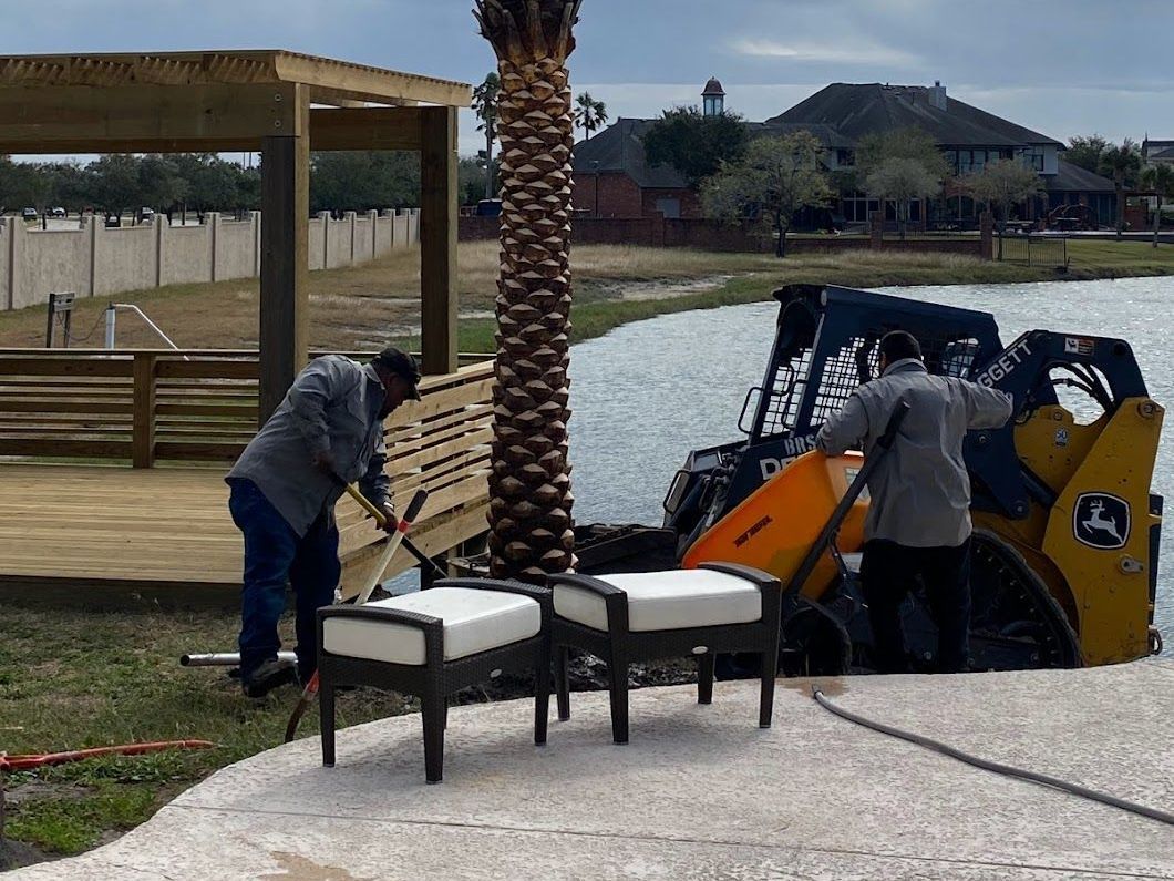 Two men working to remove a palm tree