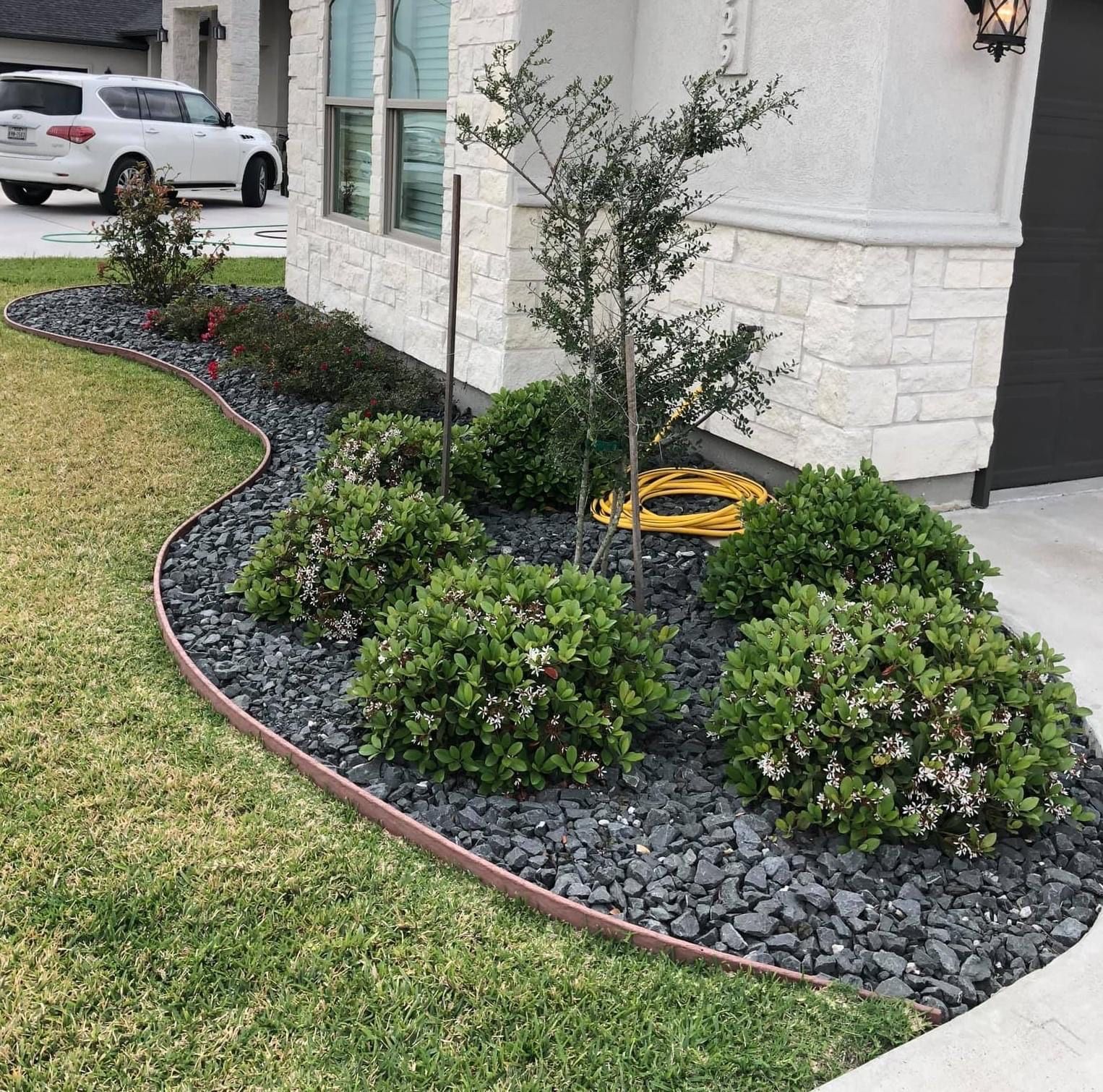 A lawn with a lot of plants and rocks in front of a house.
