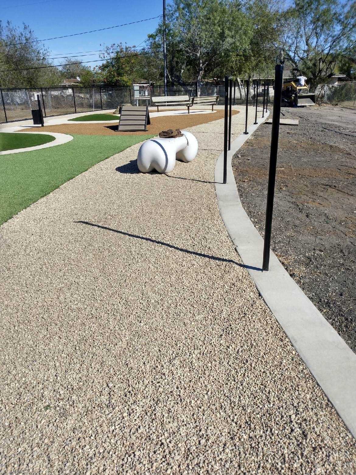 A dog is walking down a gravel path in a park.