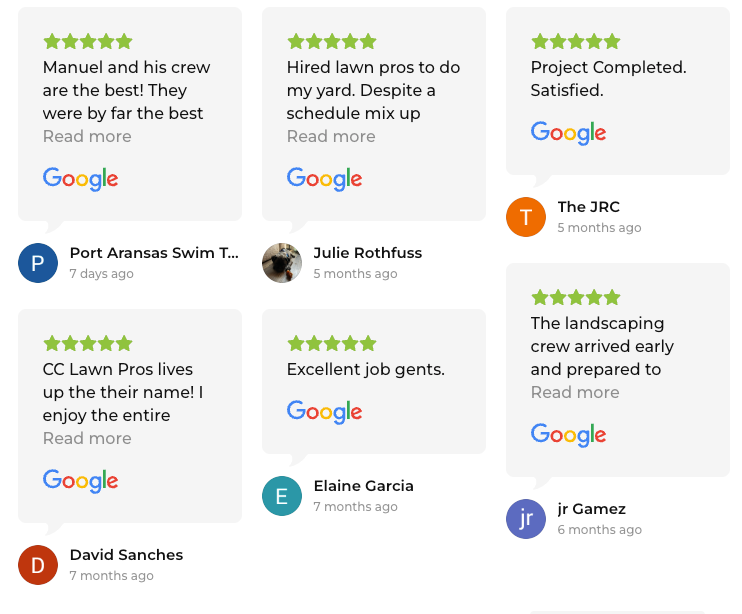 A collage of google reviews for lawn pros