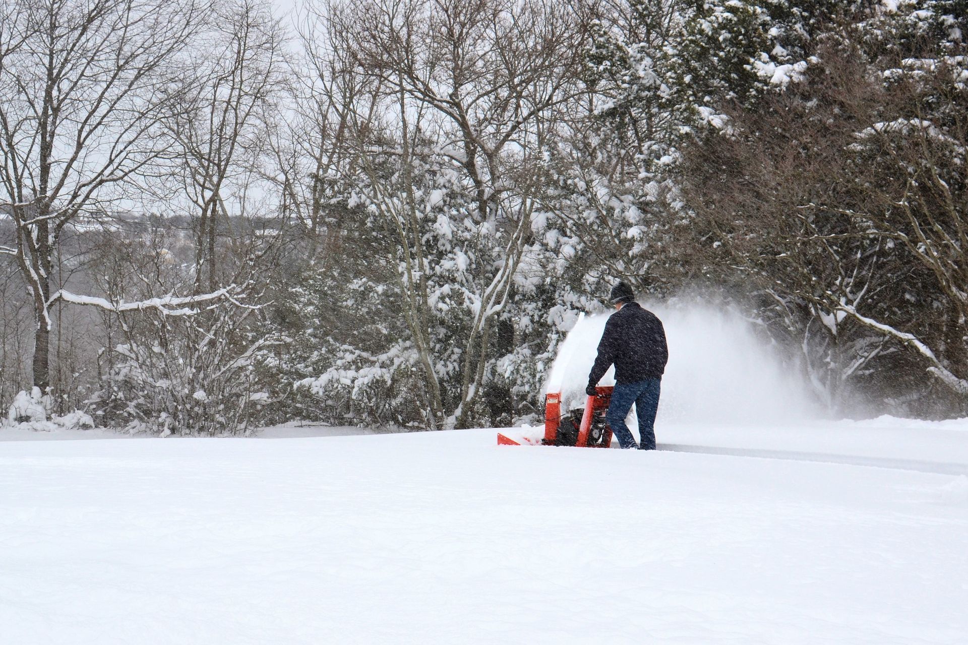 Man using snowblower in a snowy yard, trees in the background. White snow and overcast sky.