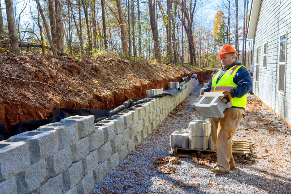 A construction worker is carrying bricks on a pallet to build a retaining wall.