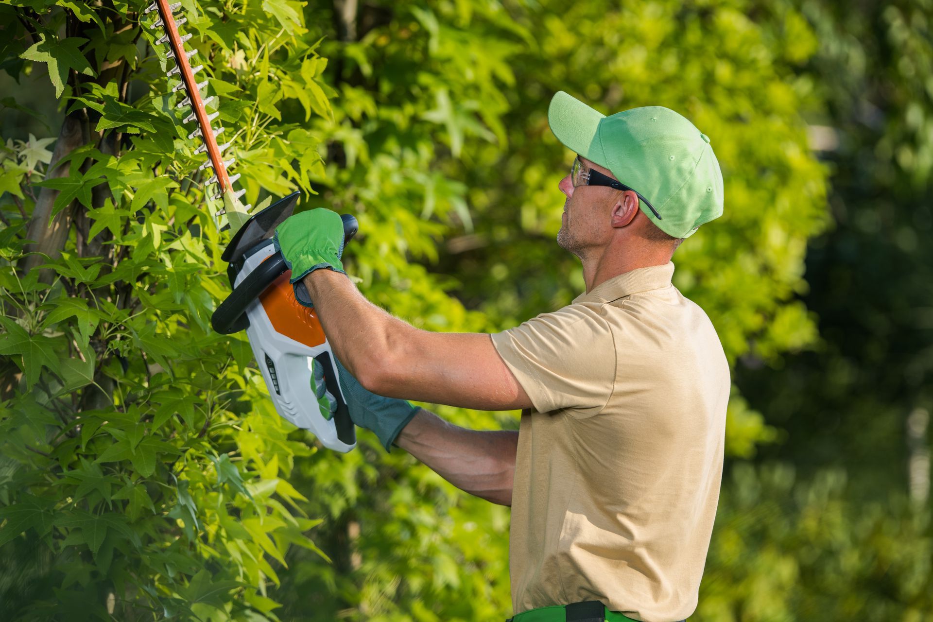 Man trimming a hedge with electric shears; wearing hat, glasses, gloves, in a green outdoor setting.