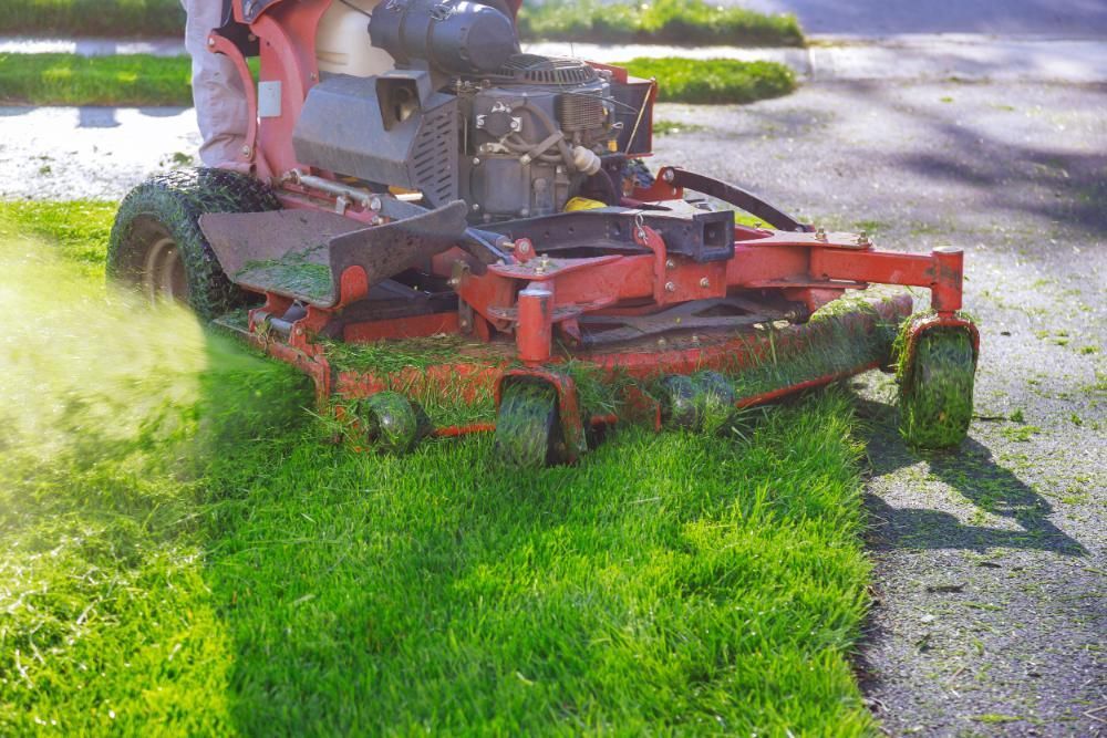 A man is riding a lawn mower on a lush green lawn.