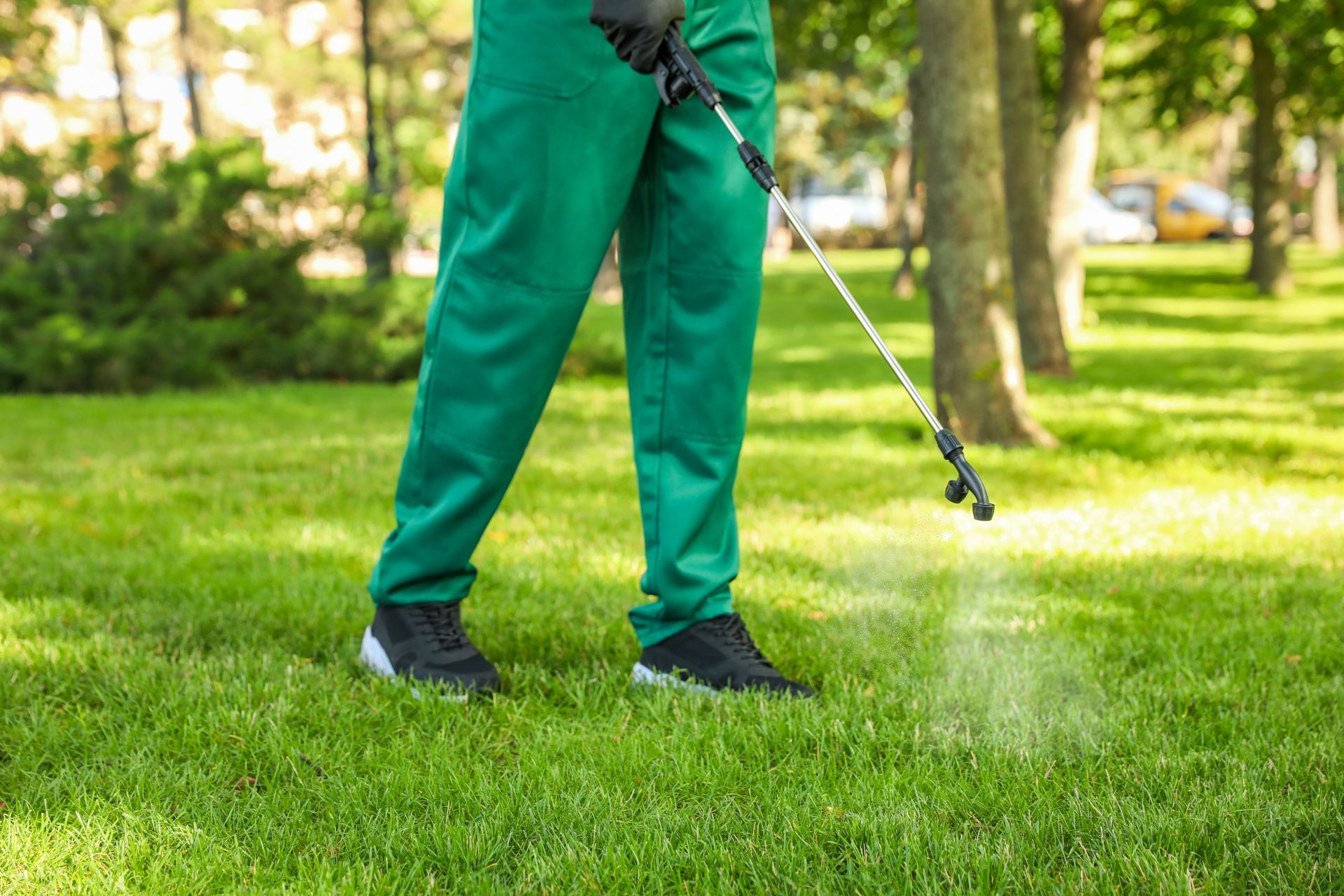 Person in green spraying a lawn with a long-handled sprayer; outdoors on grass.