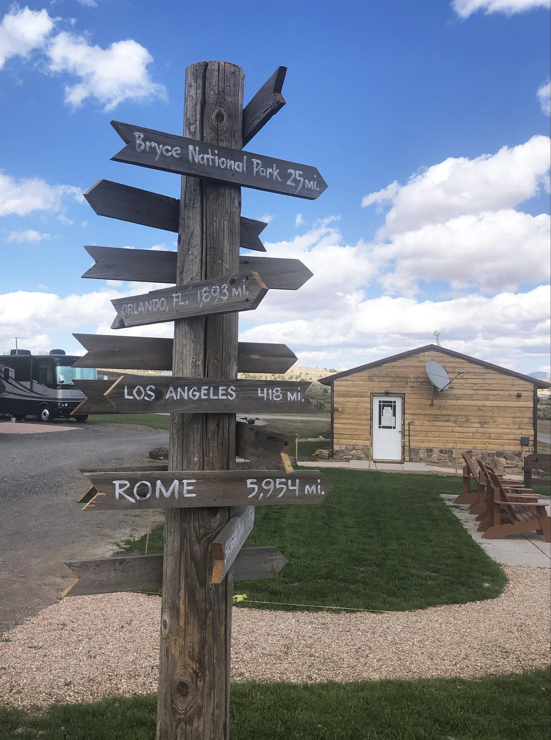 A wooden pole with arrows pointing in different directions.