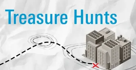 A picture of a map with the words treasure hunts on it