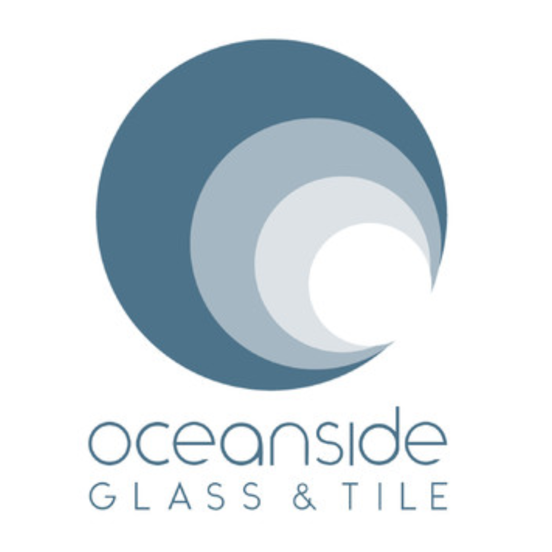 A logo for oceanside glass and tile with a blue circle