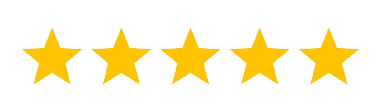 A row of five yellow stars on a white background.