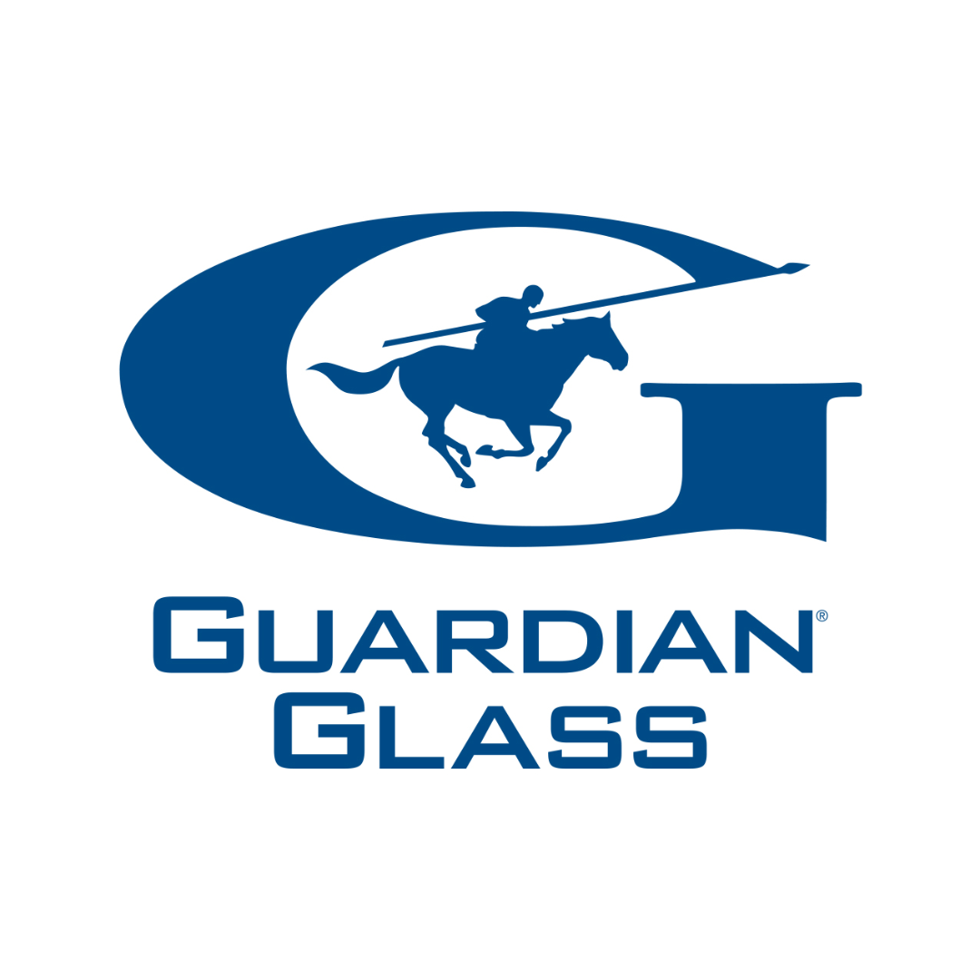A logo for guardian glass with a man on a horse