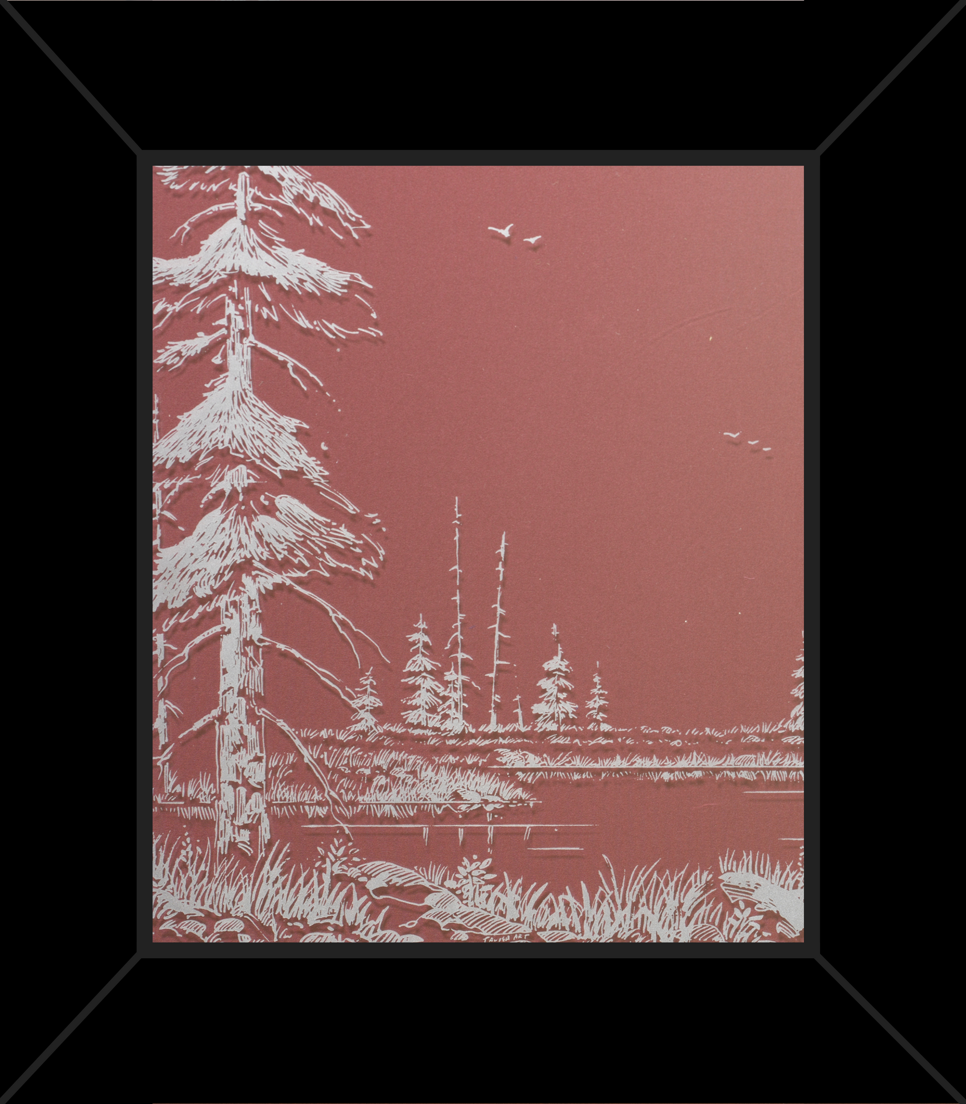 A painting of trees on a red background in a black frame