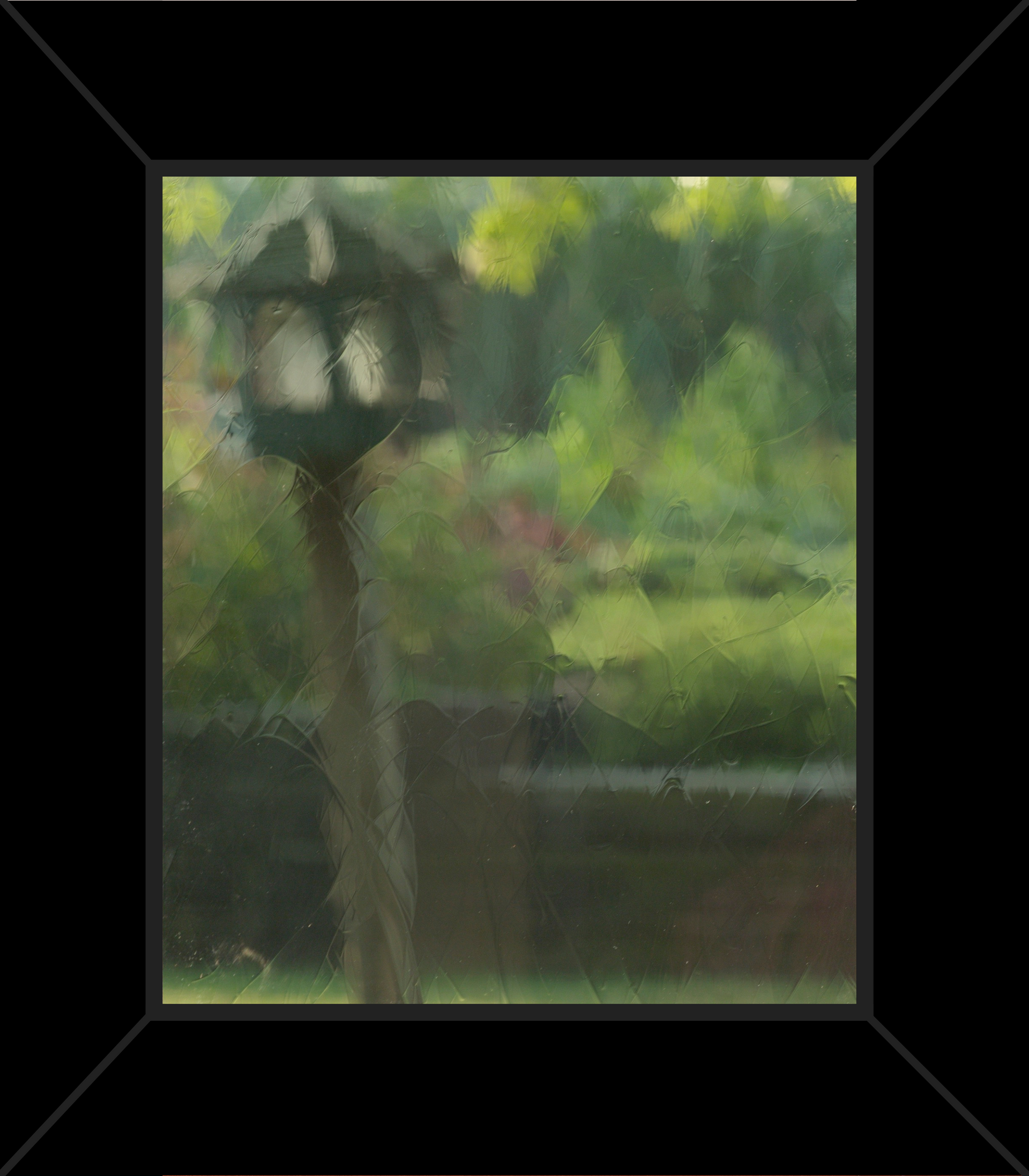 A painting of a lamp post in a park with trees in the background.