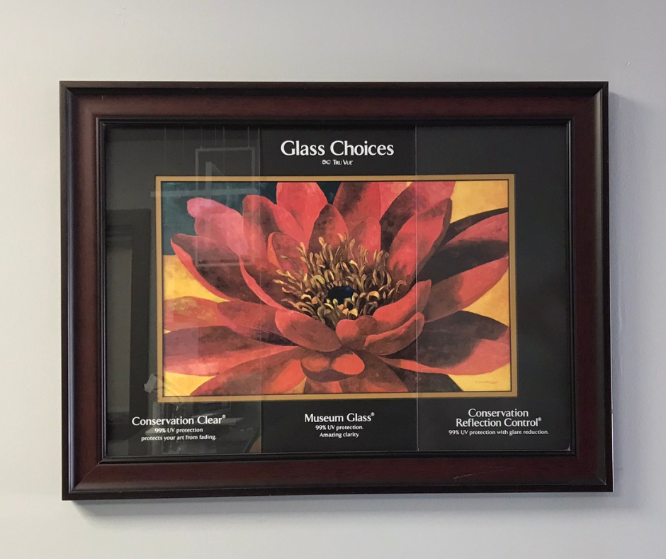 A picture of a red flower in a glass choices frame