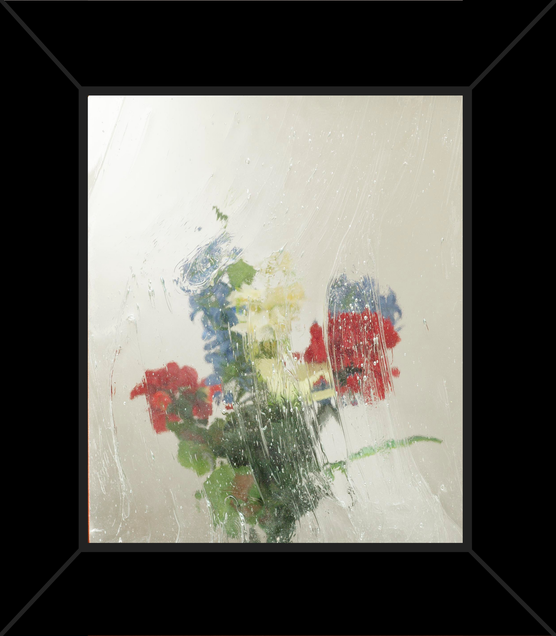 A painting of flowers in a vase on a window