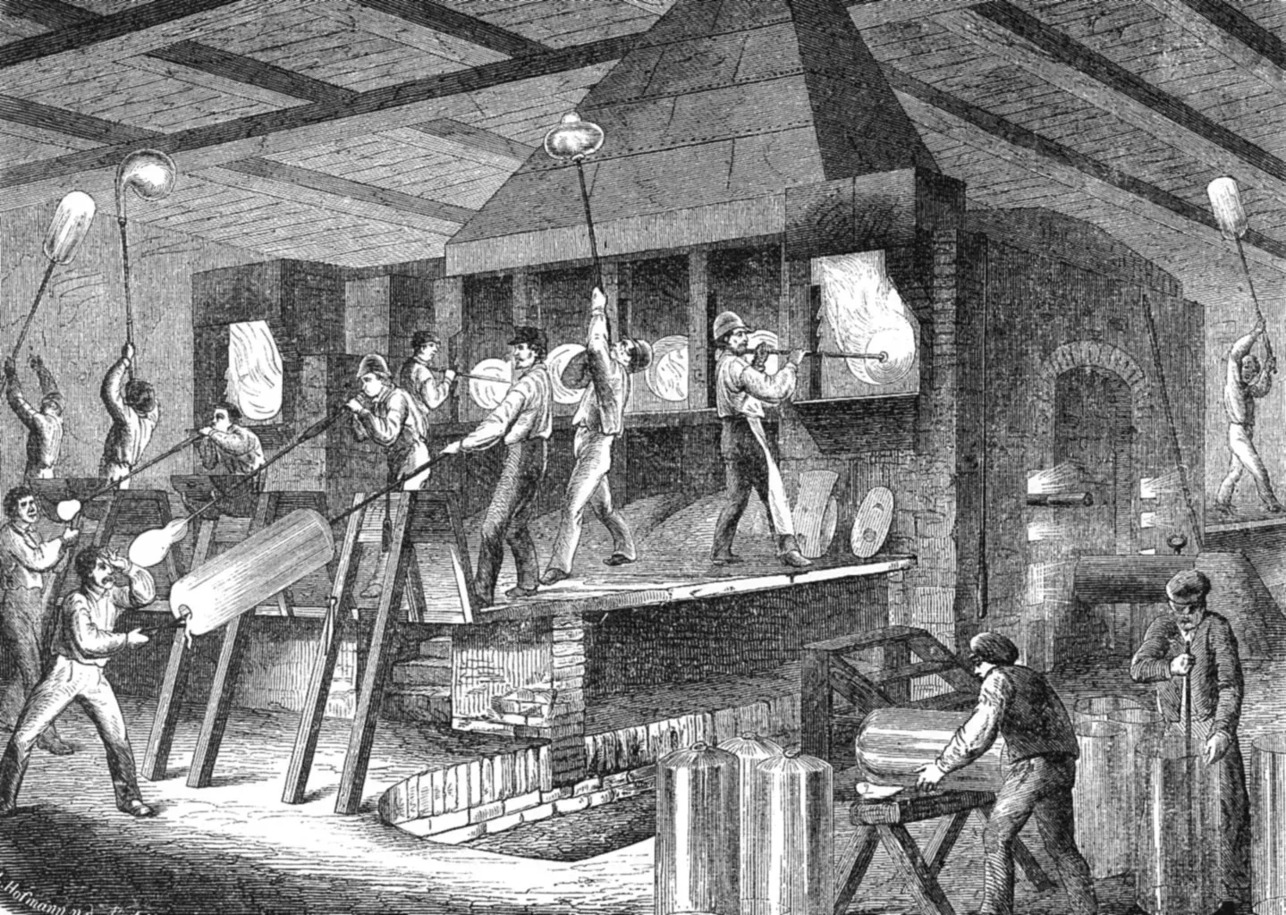 A black and white drawing of a group of men working in a factory.