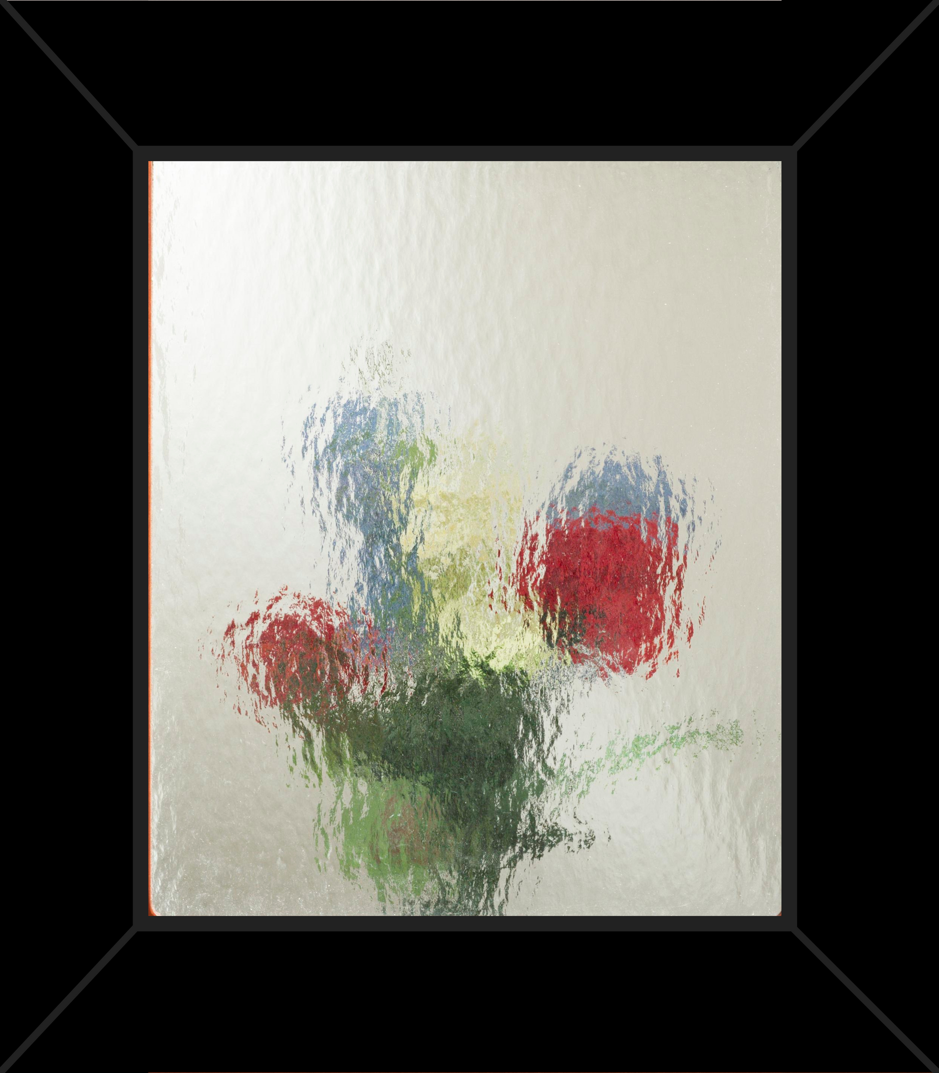A painting of flowers in a vase in a black frame.