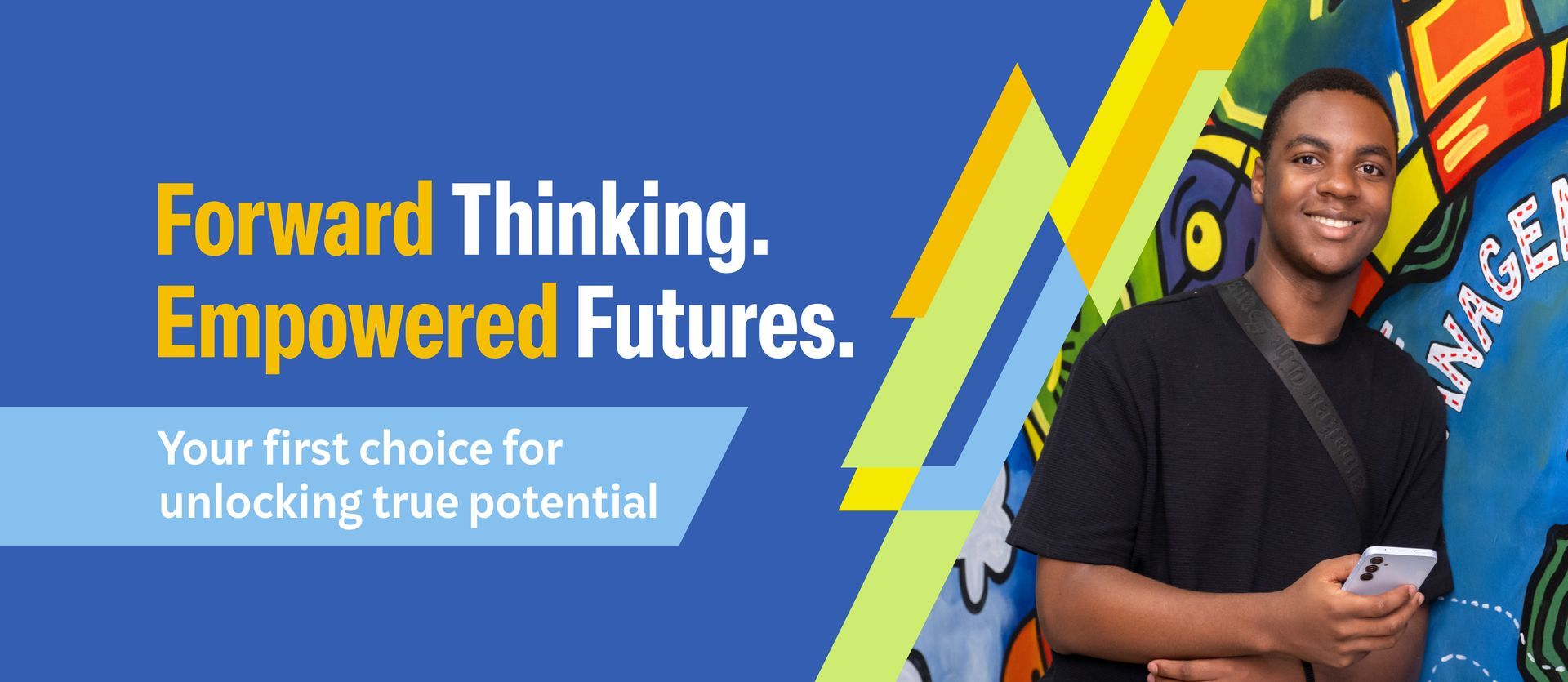 Smiling man holding a phone next to colorful art. Text: 