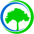A vibrant green tree silhouette centered inside a circular frame composed of a blue arc on the left and a green arc on the right.